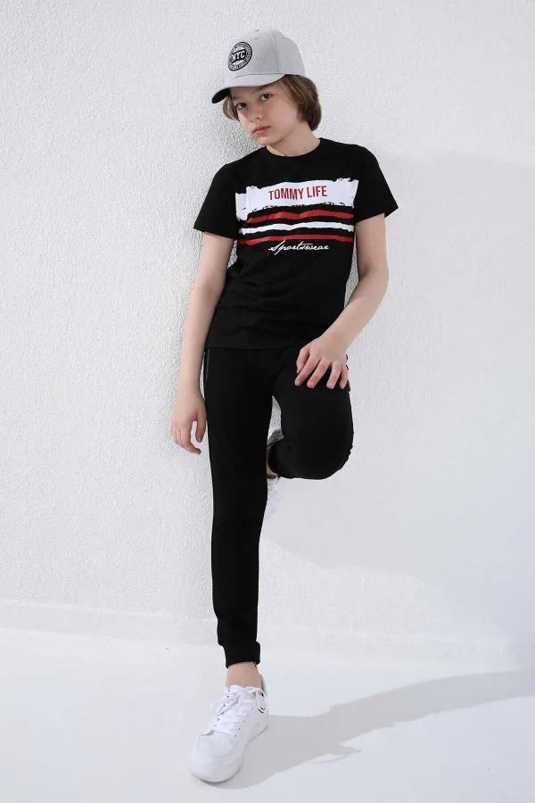 Pantalon de jogging noir pour garçon Tommylife, avec poche zippée, coupe standard et ourlets resserrés - 64042