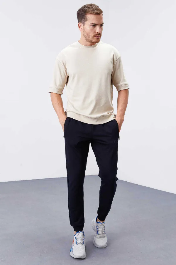 Tommylife Toptan Lacivert Fermuar Cepli Dar Kalıp Jogger Erkek Eşofman Alt - 84343