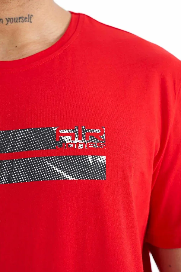 T-shirt homme Tommylife Wholesale à col Peter Pan, coupe standard, imprimé, rouge, référence 88204