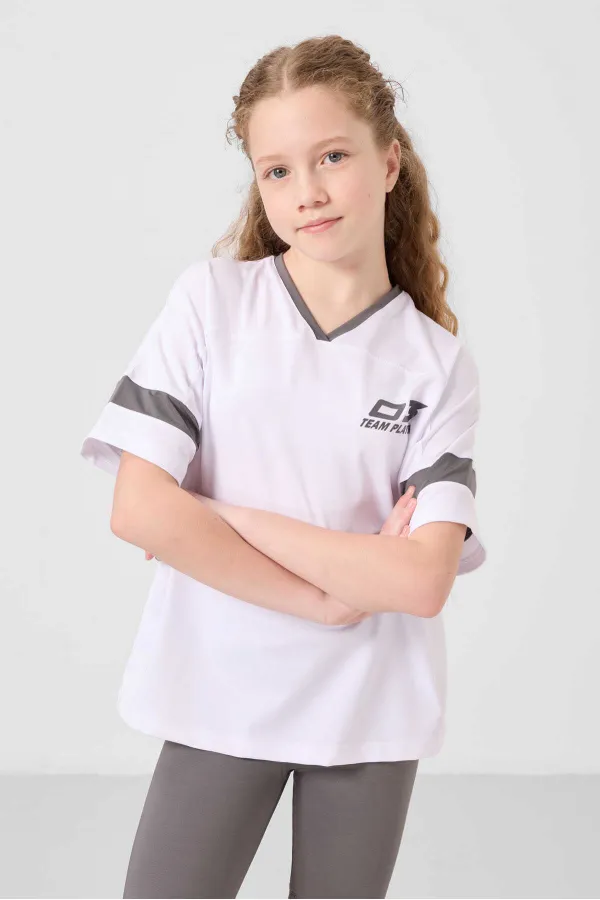 Tommylife Toptan V Yaka Kemer Detaylı Standart Fit Performans Kız Çocuk Tayt Takım 75187 Beyaz Koyu Gri