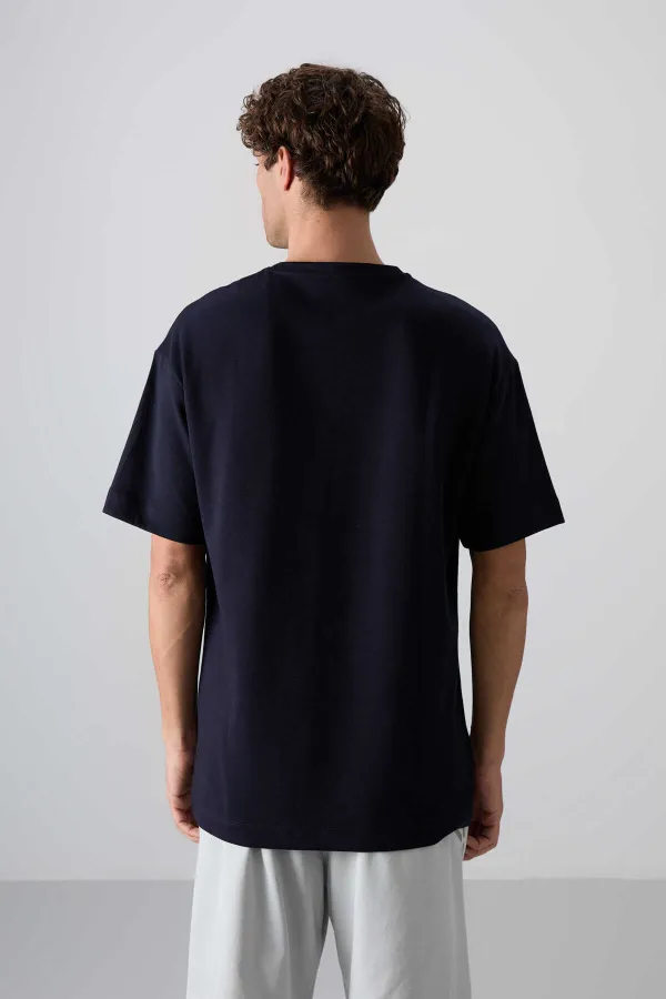 Tommylife Wholesale Crew Neck Oversize Printed Men's T-Shirt 88325 Navy Blue
