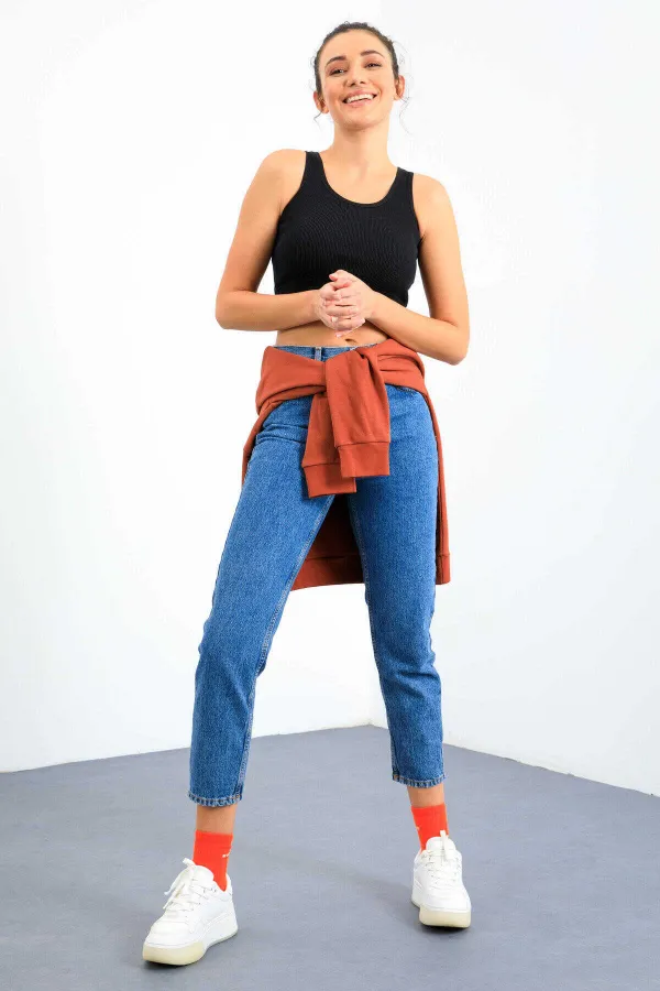 Tommylife Wholesale Navy Blue Basic Sleeveless Slim Fit U-Neck Women's Crop Top Tank Top - 97160