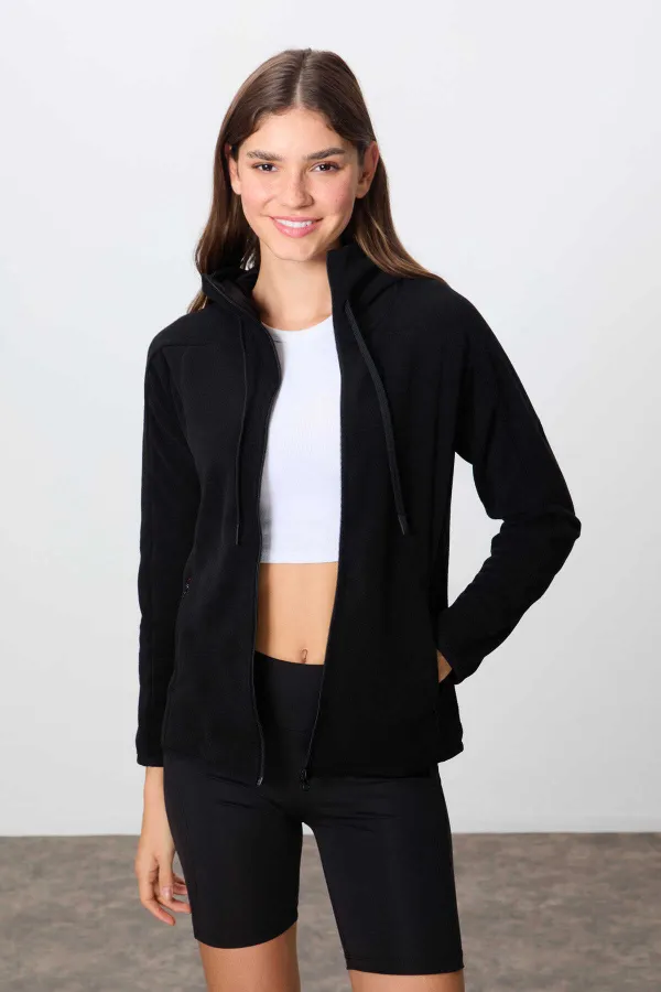 Tommylife Toptan Kapüşonlu Standart Kalıp Fermuarlı Kadın Polar Sweatshirt 97287 Siyah