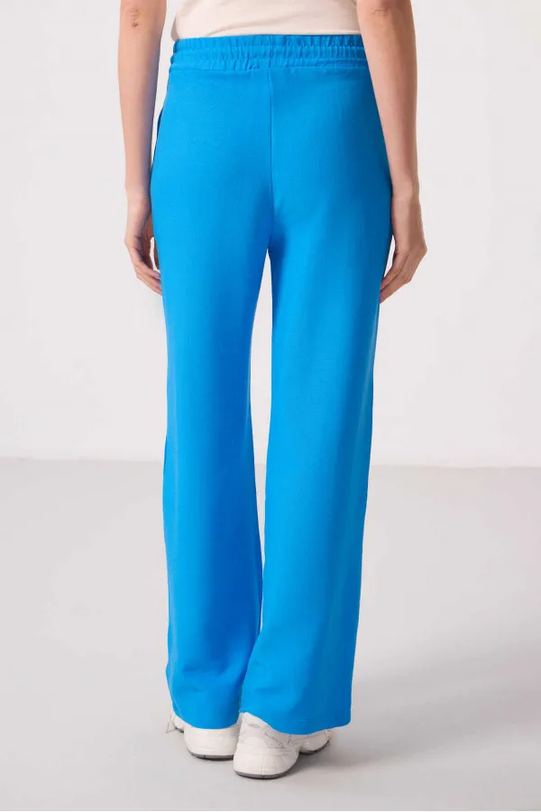 Tommylife Toptan Keten Geniş Paça Rahat Form Kadın Palazzo Pantolon - 94675 Mavi