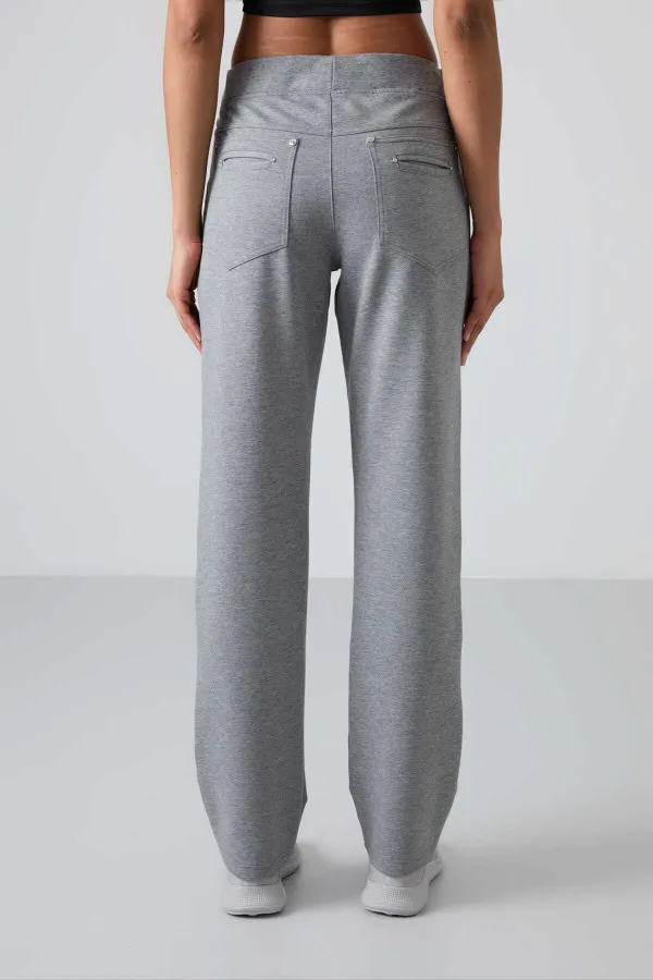 Tommylife Wholesale Grey Melange Women's Sweatpants with Stone Details, Pockets, Comfortable Fit, Classic Leg - 94007