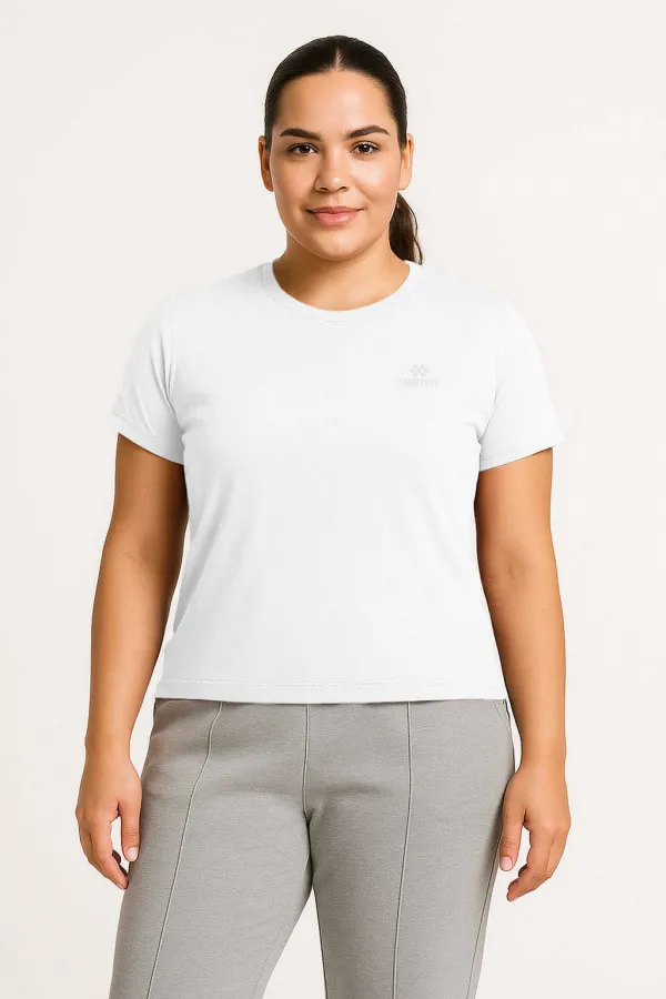 Tommylife Toptan Beyaz O Yaka Basic Battal Büyük Beden Kadın T-Shirt - 97308