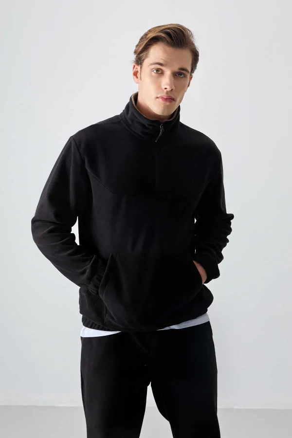 Tommylife Toptan Standart Kalıp Yarım Fermuar Polar Erkek Eşofman Takımı 85159 Siyah