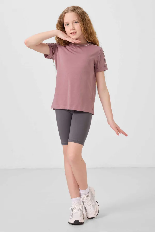 Tommylife Toptan Pamuklu Kısa Paça Standart Fit Basic Kız Çocuk Tayt 75188 Koyu Gri