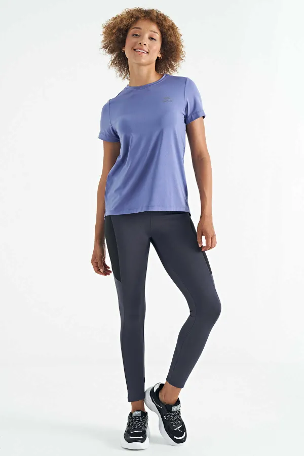 Tommylife Toptan Eflatun Sırt Yırtmaç Detaylı O Yaka Kısa Kollu Standart Kalıp Kadın T-Shirt - 97267