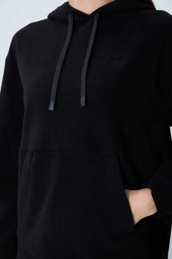 Tommylife Toptan Kapüşonlu Oversize Kadın Polar Sweatshirt 97292 Siyah