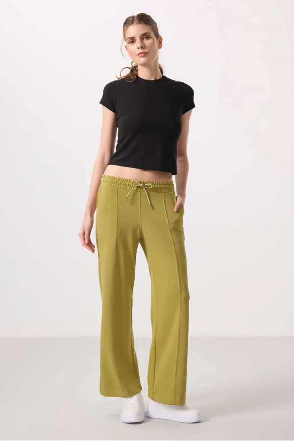 Tommylife Toptan Yumuşak Dokulu Cepli Ön Dikiş Detaylı Kadın Palazzo Pantolon - 94670 Koyu Hardal