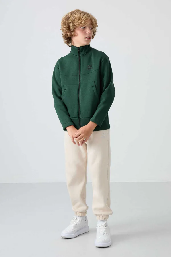 Tommylife Toptan Garson Boy Dik Yaka Standart Kalıp Basic Erkek Çocuk Sweatshirt 11245 Çam Yeşili