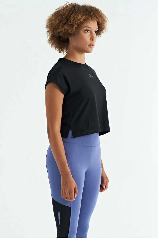 Tommylife Wholesale Black Logo Print Crew Neck Drop Sleeve Oversize Women's Crop T-Shirt - 97262