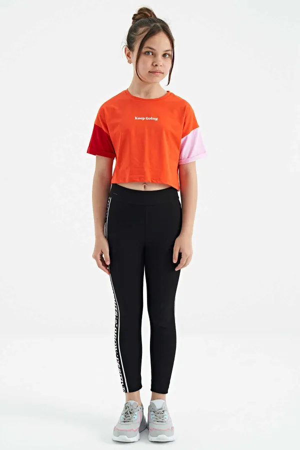 Tommylife Toptan Portakal Yazı Baskılı O Yaka Düşük Omuzlu Oversize Kız Çocuk T-Shirt - 75130