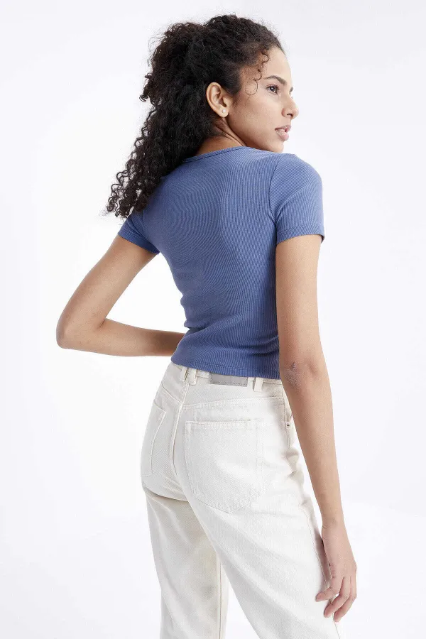 Tommylife Toptan Petrol Büzgü Detaylı V Yaka Kadın Crop Top T-Shirt - 97205