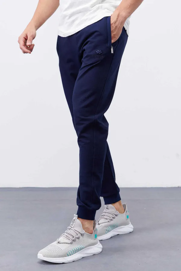 Tommylife Toptan İndigo Fermuar Cepli Dar Kalıp Jogger Erkek Eşofman Alt - 84343