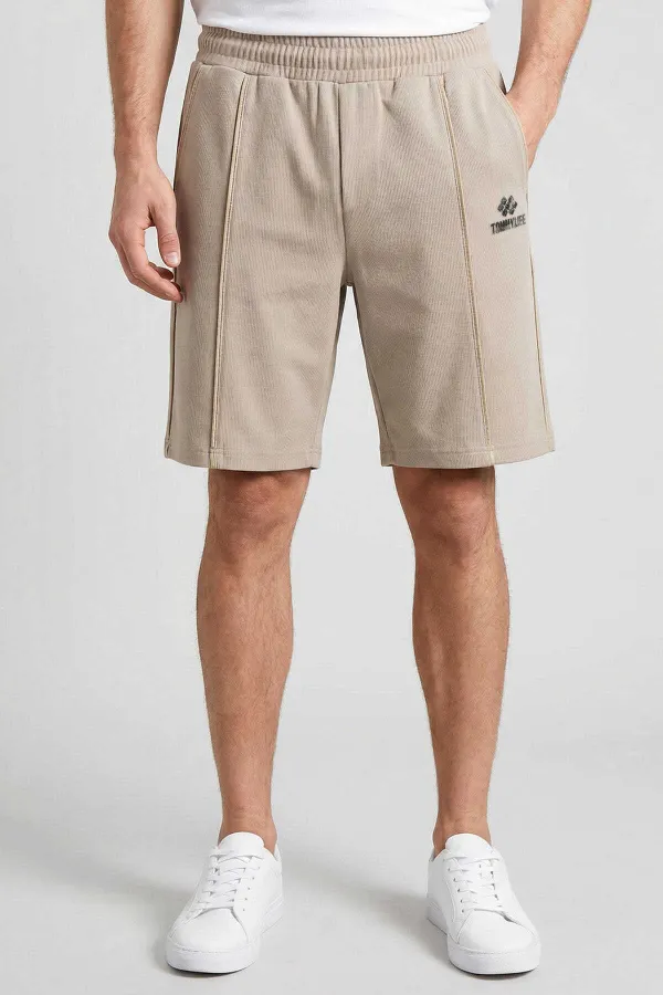 Tommylife Toptan Bej Oversize Fit Basic Ön Dikiş Detaylı Erkek Şort - 81283