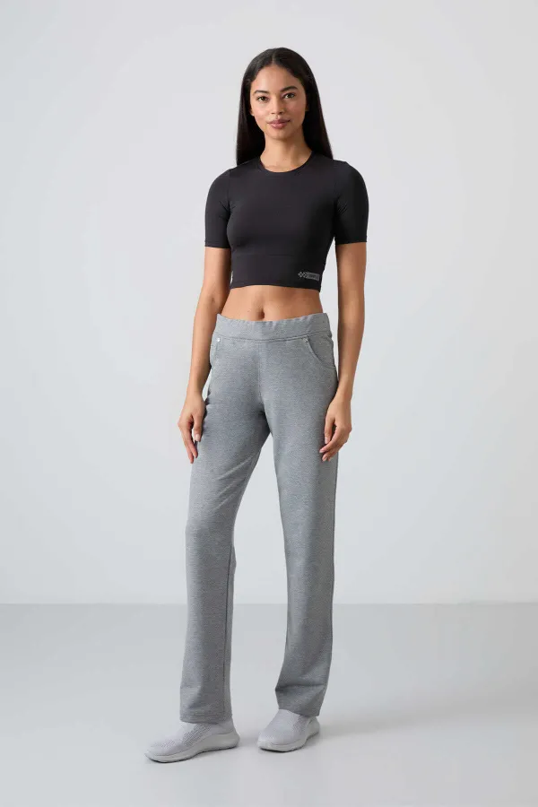 Tommylife Wholesale Grey Melange Women's Sweatpants with Stone Details, Pockets, Comfortable Fit, Classic Leg - 94007