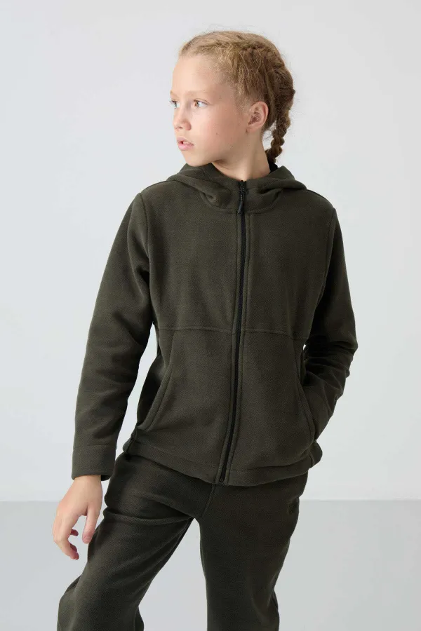 Sweat-shirt à capuche en polaire Tommylife Wholesale pour filles de 7 à 15 ans, coupe standard, référence 75152, kaki