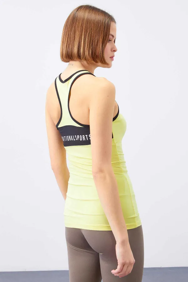 Tommylife Toptan Limon Kolsuz Arka Yazı Detaylı Standart Kalıp Kadın Spor Atlet - 97096