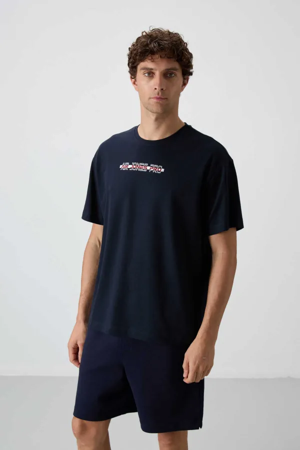 Tommylife Toptan O Yaka Oversize Baskılı Erkek T-Shirt 88365 Lacivert