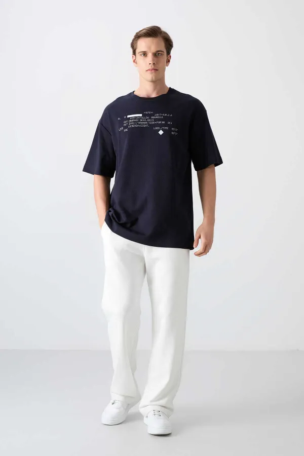 Tommylife Wholesale Crew Neck Oversize Printed Men's T-Shirt 88326 Navy Blue