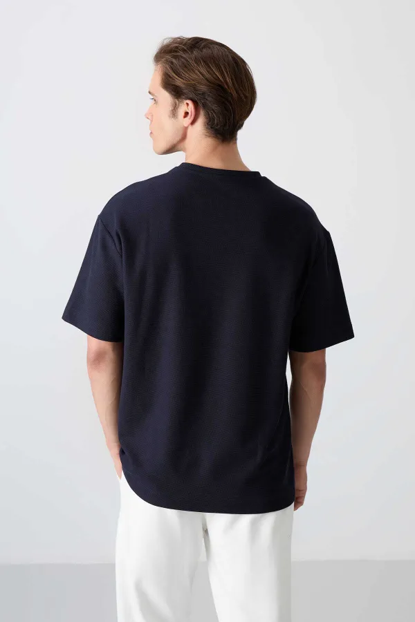 Tommylife Wholesale Crew Neck Oversize Printed Men's T-Shirt 88336 Navy Blue