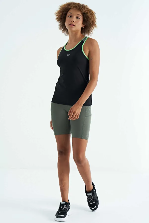 Tommylife Wholesale Black Back Detail Printed Standard Fit Women's Tank Top - 97269