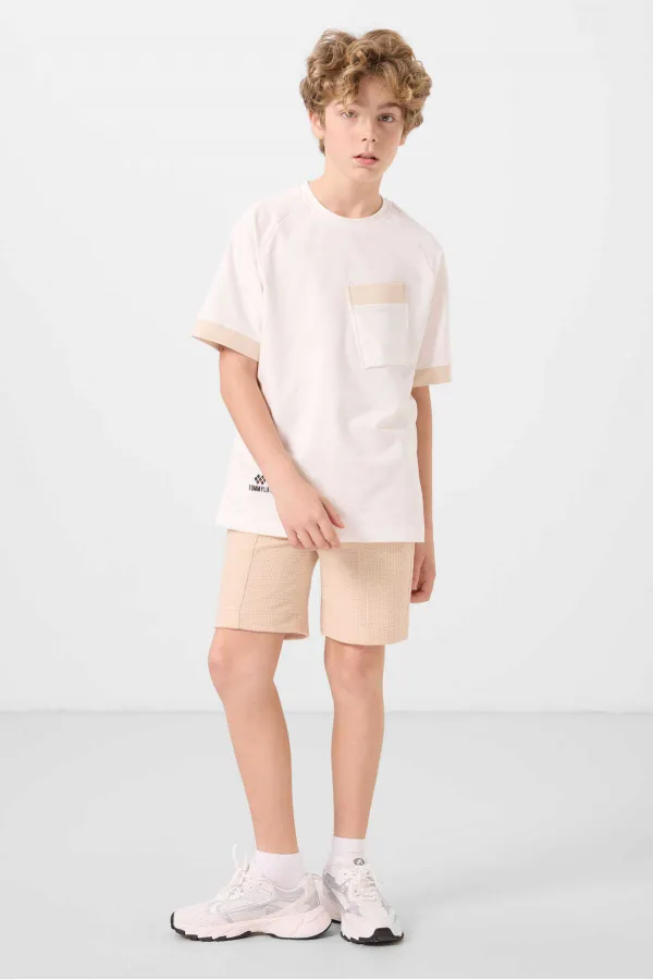 Tommylife Toptan Pamuklu Yumuşak Dokulu Standart Fit Basic Erkek Çocuk Şort 11289 Bej