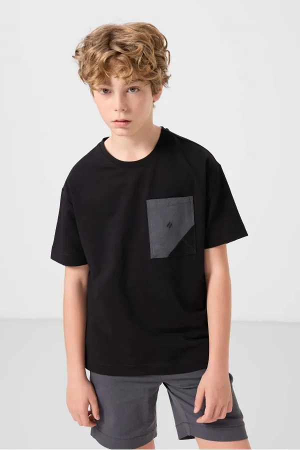 Tommylife Toptan Pamuklu Oversize Fit Dokuma Hafif Esnek Chino Erkek Çocuk Şort Takım 11278 Siyah-Gri