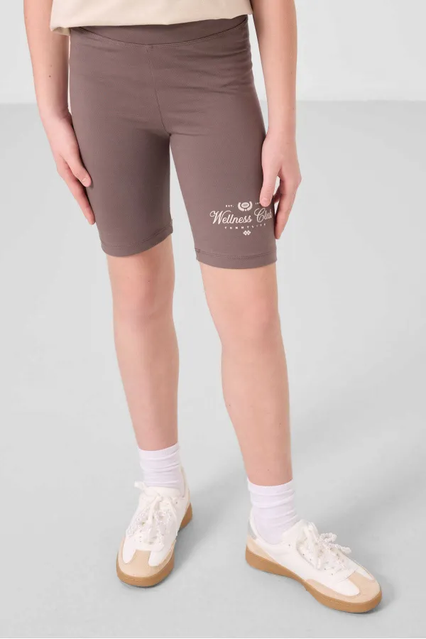 Tommylife Toptan Pamuklu O Yaka Standart Fit Baskılı Kız Çocuk Tayt Takım 75190 Bej Kahverengi