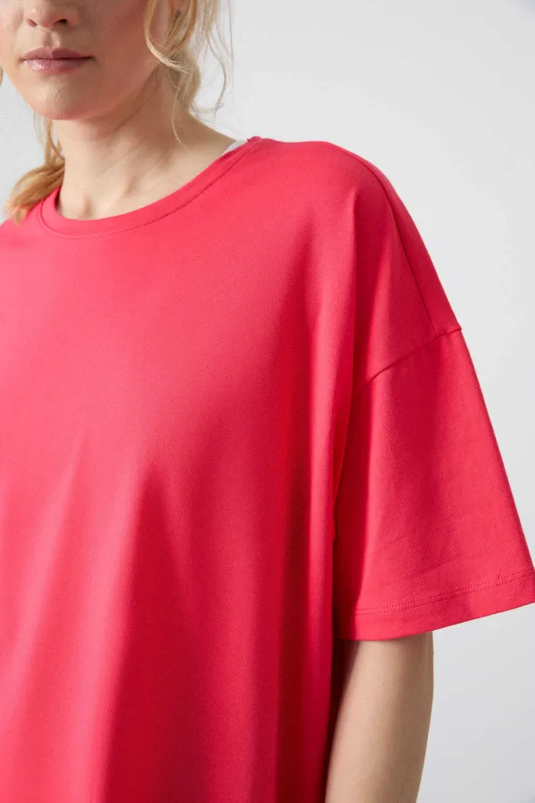 Tommylife Toptan O Yaka Oversize Basic Kadın T-Shirt 97285 Şeker Pembe