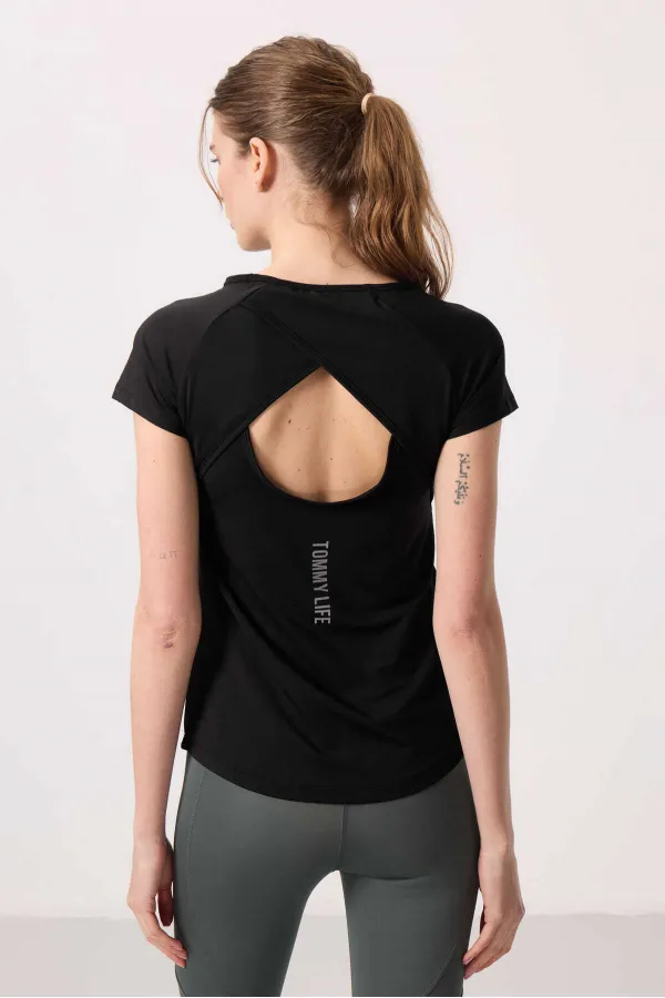 T-shirt femme Tommylife Wholesale noir à manches courtes et col rond, coupe standard - 97101