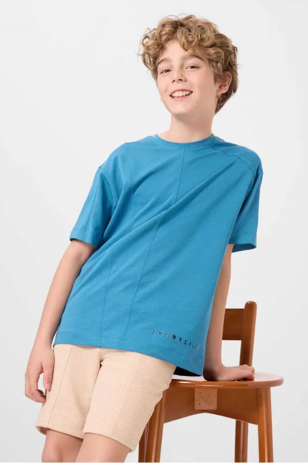T-shirt basique oversize en coton doux texturé Tommylife pour garçon, couleur bleu pétrole, référence 11297.
