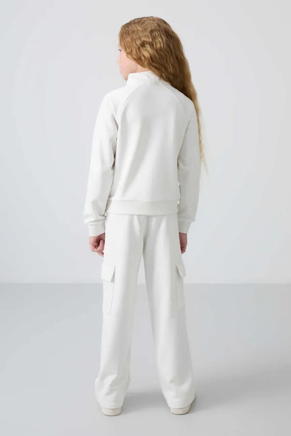 Tommylife Toptan 7-15 Yaş Dik Yaka Standart Kalıp Kız Çocuk Eşofman Takımı 75159 Ekru