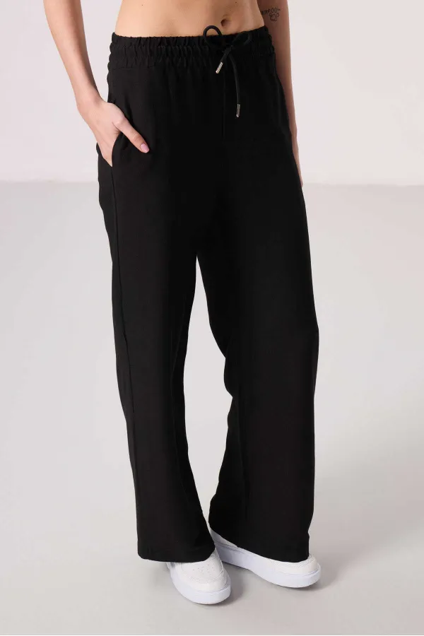 Tommylife Toptan Keten Geniş Paça Rahat Form Kadın Palazzo Pantolon - 94675 Siyah