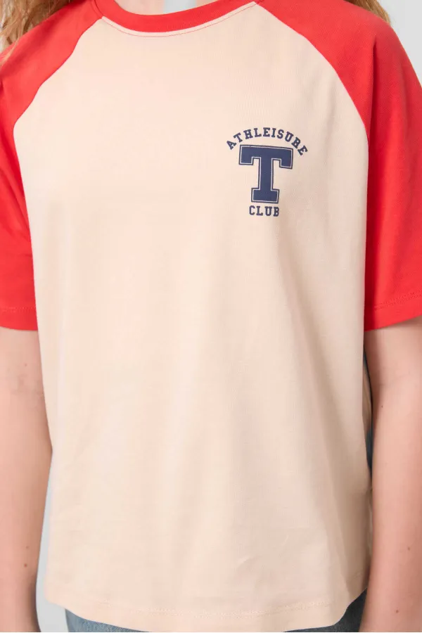 Tommylife Toptan O Yaka  Pamuklu Baskılı Oversize Fit Kız Çocuk T Shirt 75179 Bej