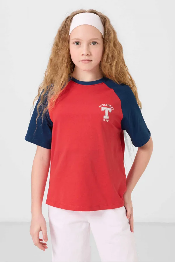 Tommylife Toptan O Yaka  Pamuklu Baskılı Oversize Fit Kız Çocuk T Shirt 75179 Fiesta