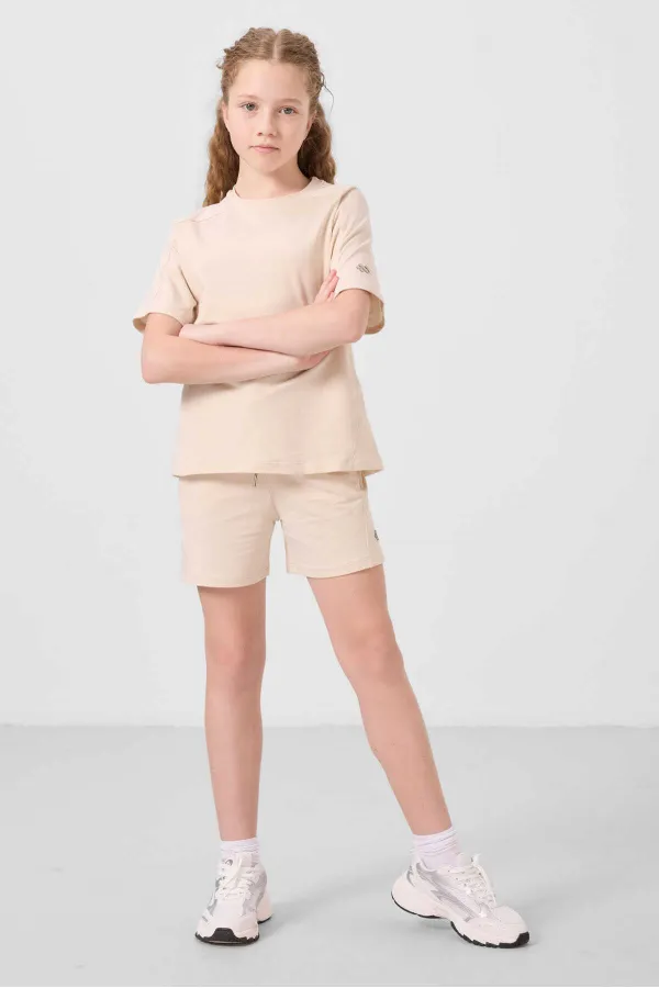 Tommylife Toptan Pamuklu Yumuşak Dokulu Standart Fit Basic Kız Çocuk Şort Takım 75184 Bej