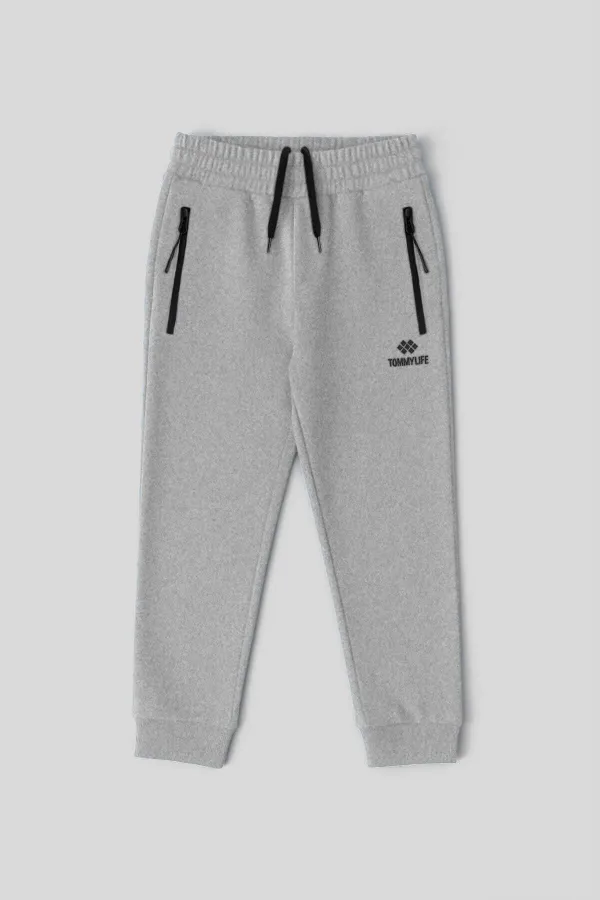 Tommylife Toptan Gri Melanj Basic Fermuar Cepli Belden Bağcıklı Jogger Erkek Çocuk Eşofman Alt - 10798