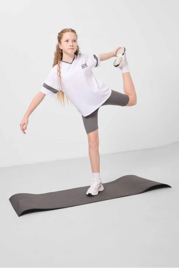 Tommylife Toptan V Yaka Kemer Detaylı Standart Fit Performans Kız Çocuk Tayt Takım 75187 Beyaz Koyu Gri