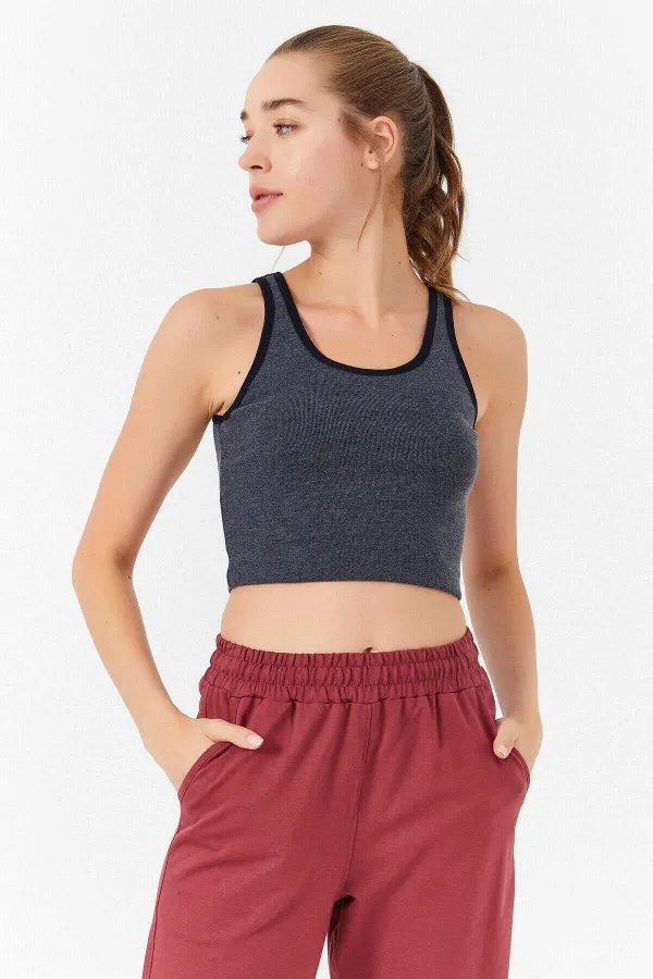 Tommylife Toptan Lacivert Melanj Basic Sıfır Kol Dar Kalıp U Yaka Kadın Crop Top Atlet - 97162