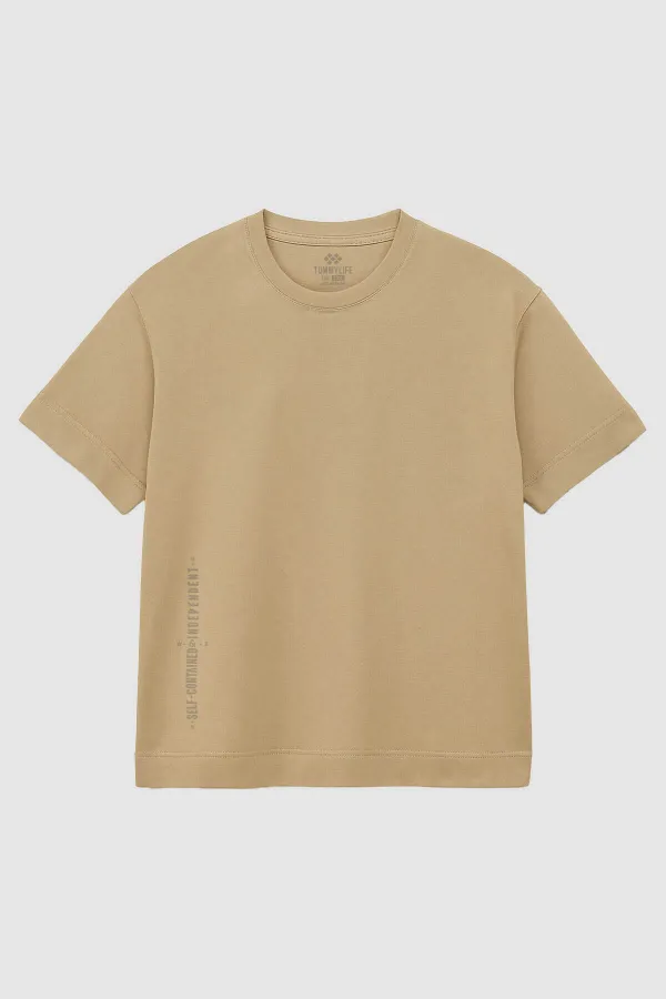 Tommylife Toptan Bej Baskılı O Yaka Rahat Form Battal Büyük Beden Erkek T-Shirt - 88472