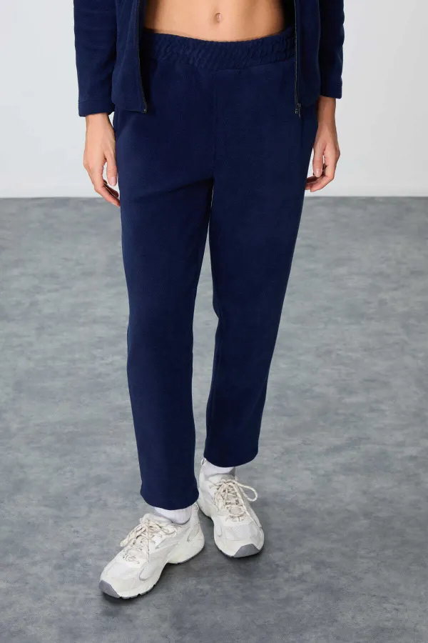 Tommylife Toptan Oversize Dik Yaka Klasik Paça Kadın Polar Eşofman Takımı 95339 Lacivert