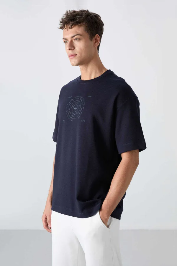 Tommylife Toptan O Yaka Oversize Baskılı Erkek T-Shirt 88324 Lacivert