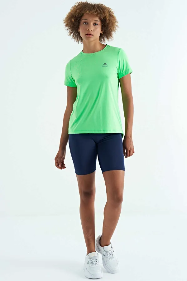 T-shirt femme Tommylife en gros, vert fluo, fendu au dos, col rond, manches courtes, coupe standard - 97267