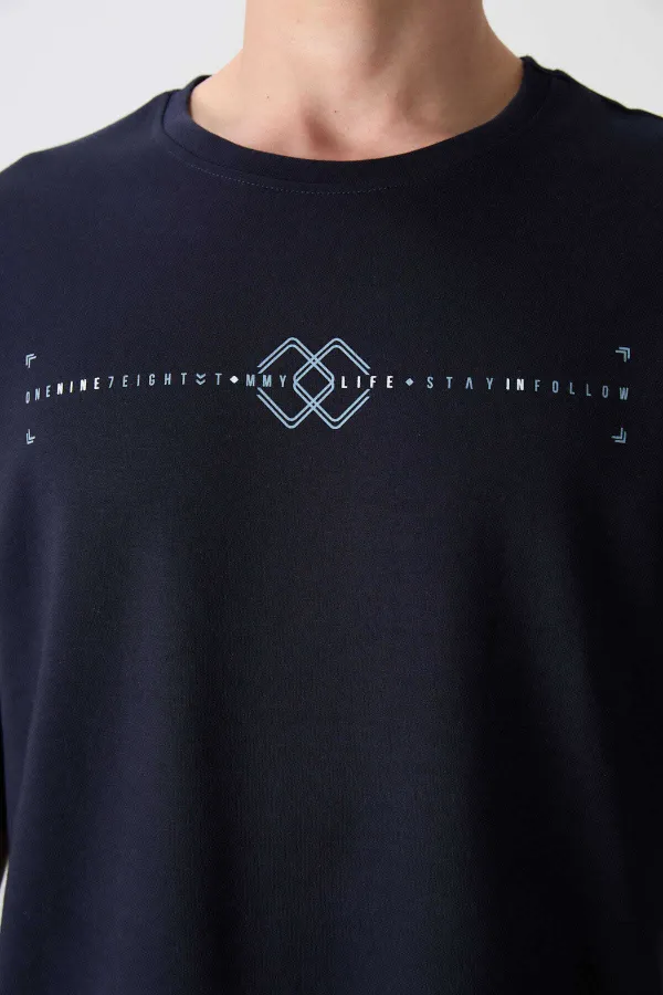 Tommylife Toptan O Yaka Oversize Baskılı Erkek T-Shirt 88323 Lacivert