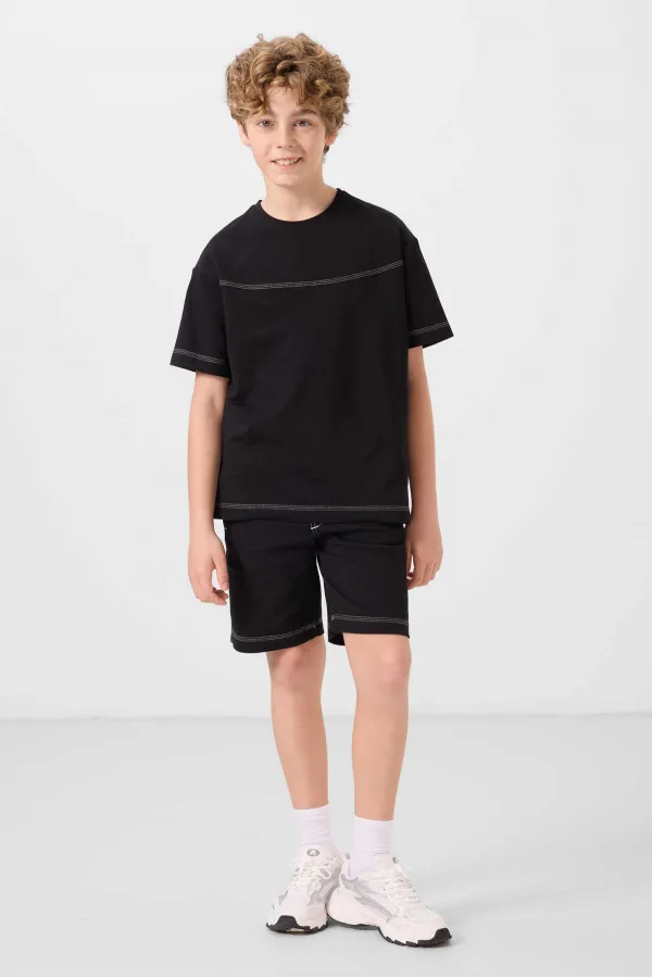 Ensemble short chino garçon Tommylife Wholesale en coton léger et extensible, coupe oversize, noir, réf. 11279