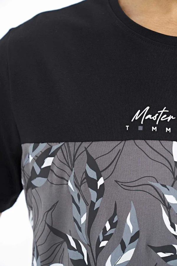 Tommylife Wholesale Black Gradient Print Detail Crew Neck Standard Fit Men's T-Shirt - 88177