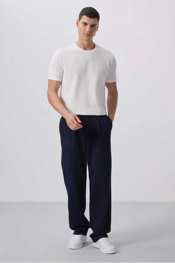 Pantalon palazzo pour homme Tommylife Wholesale, coupe confortable, surface texturée, référence 82163, bleu marine